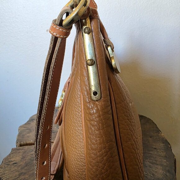 Dooney & Bourke AWL Large Crescent Sac Peanut Tan USA Vintage Brass Saddle Hobo - Picture 5 of 16